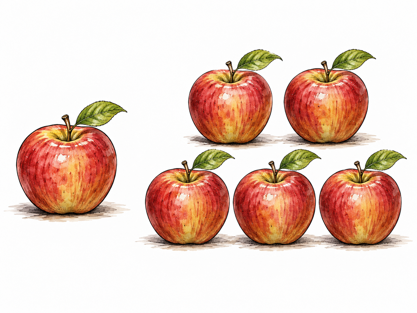 One apple contrasted with five identical apples.