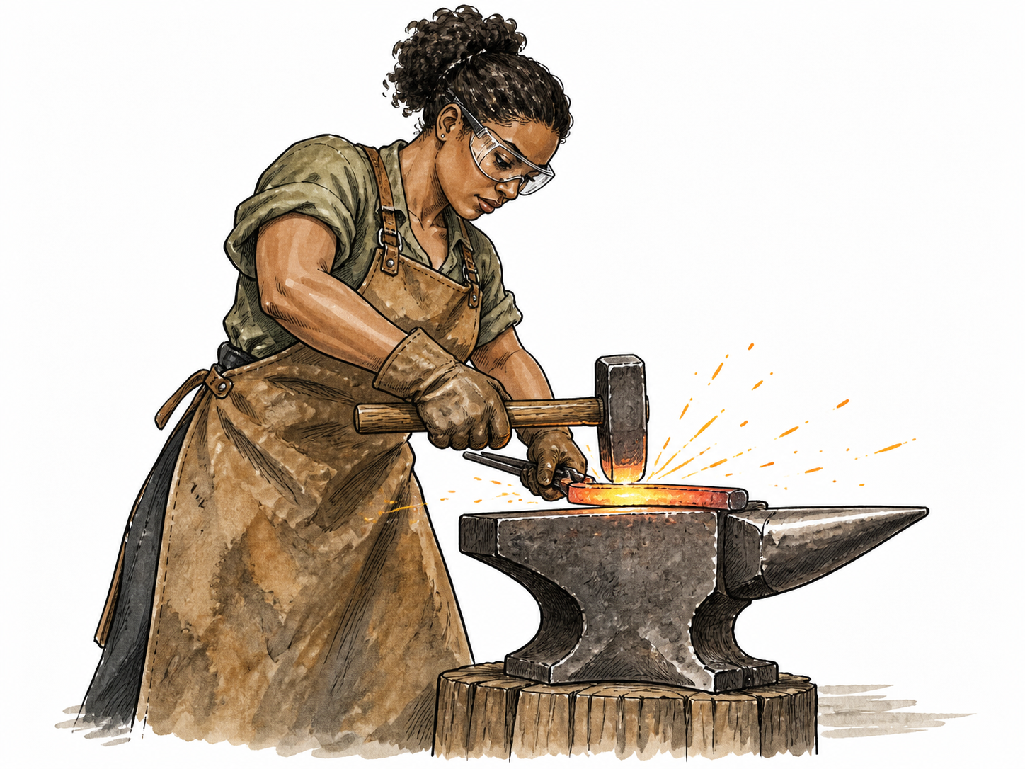 A blacksmith forcefully striking hot iron with a hammer, Black woman wearing protective apron and goggles, sparks controlled.