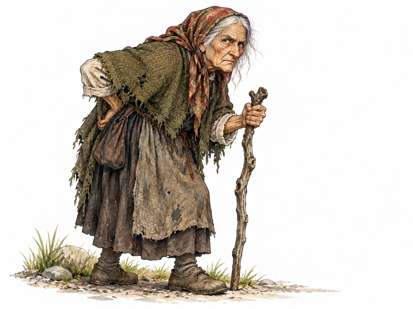 Folkloric elderly white woman with severe expression and weathered face, human dignity retained.