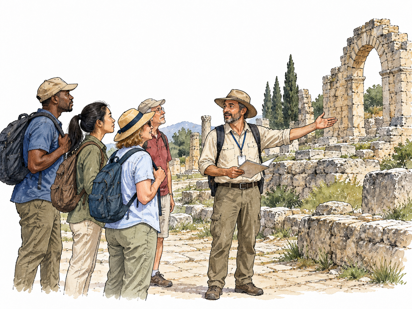 A diverse group of adults with a guide visits a historic ruin.