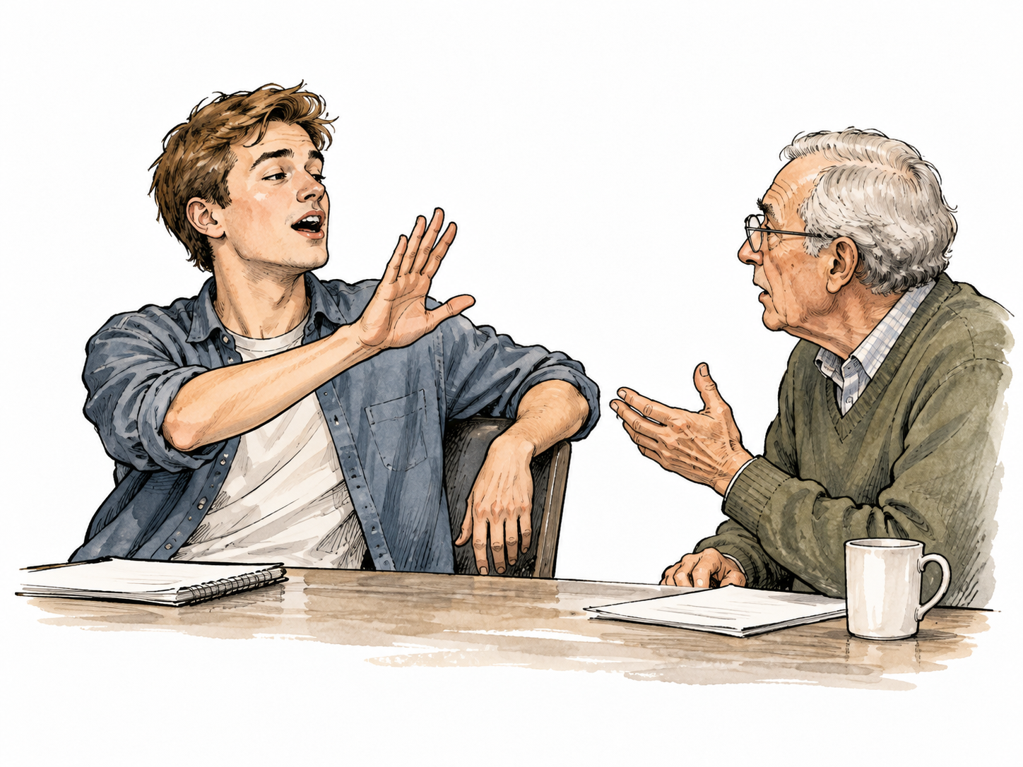White young adult talks over an older speaker with dismissive posture, not ethnicity-coded blame.