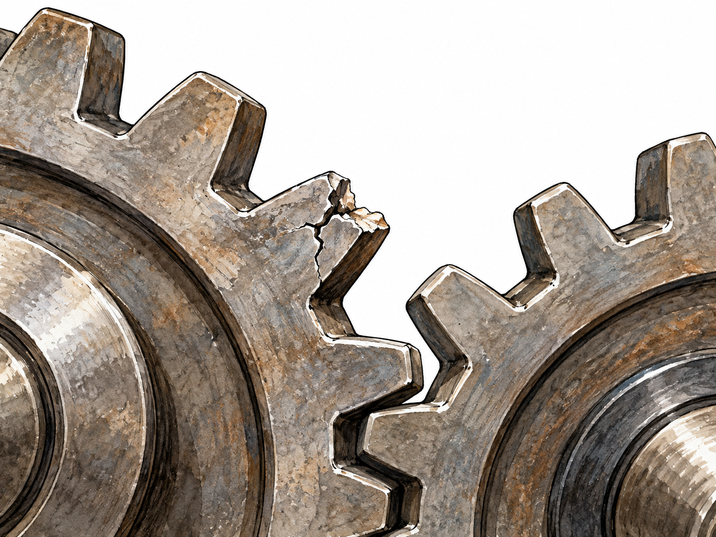 A single cracked cog tooth in a metal gear causing a gap in its engagement with another gear.