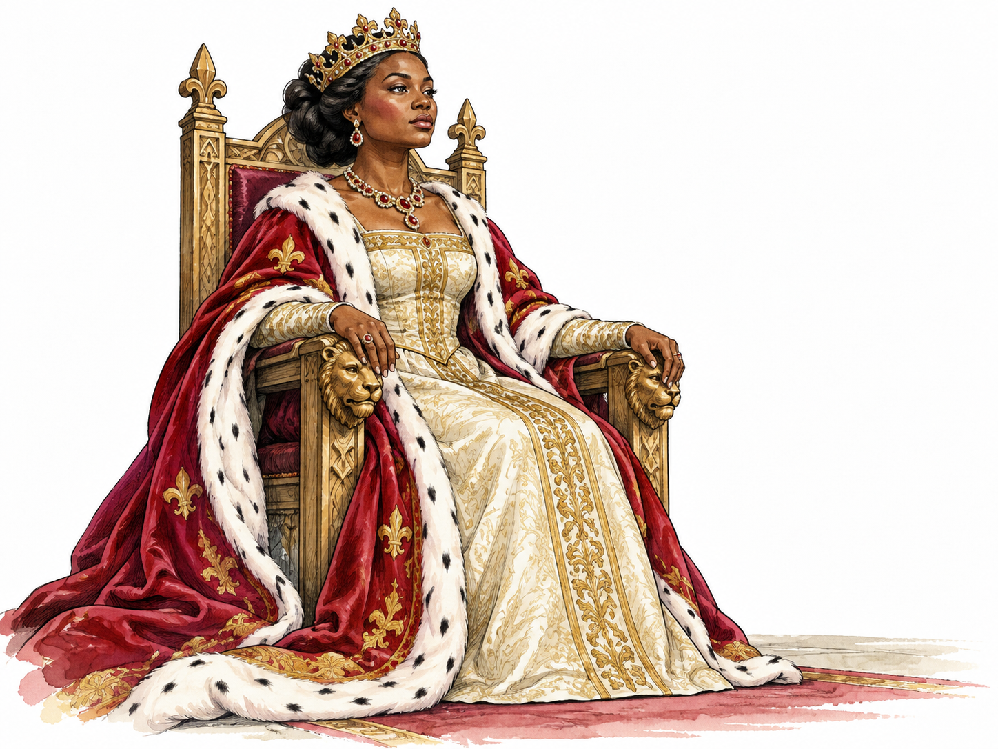 A Black queen in dignified ceremonial robes sits on a throne.