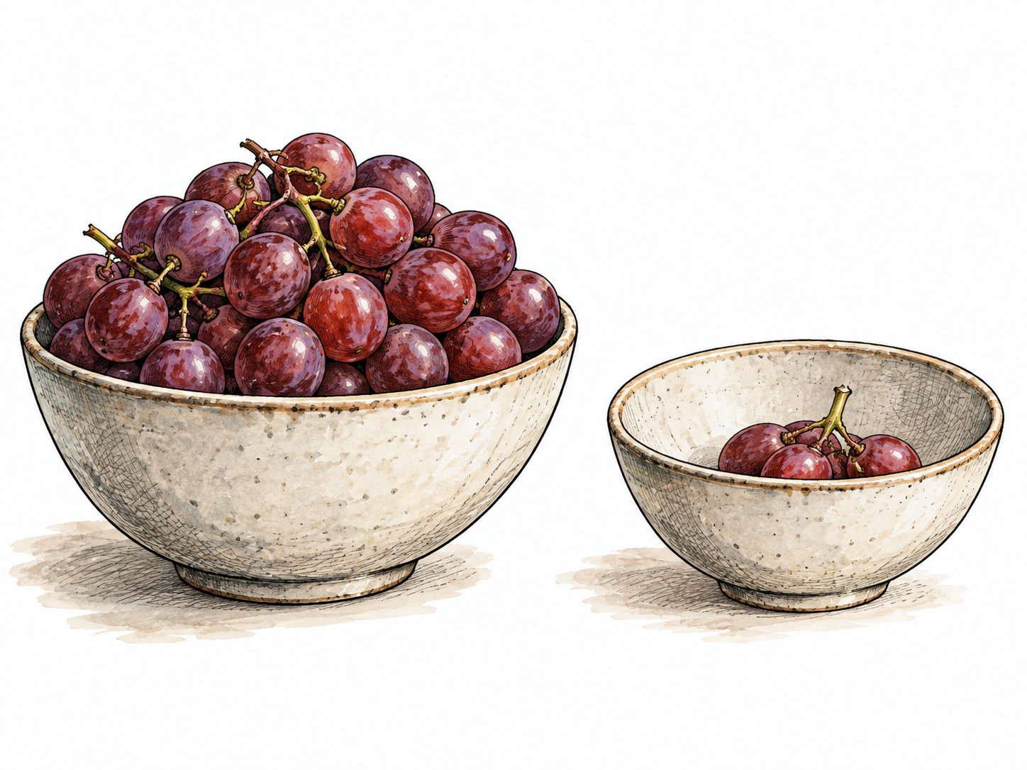 Two bowls of grapes, one full and one with a distinctly reduced small portion.