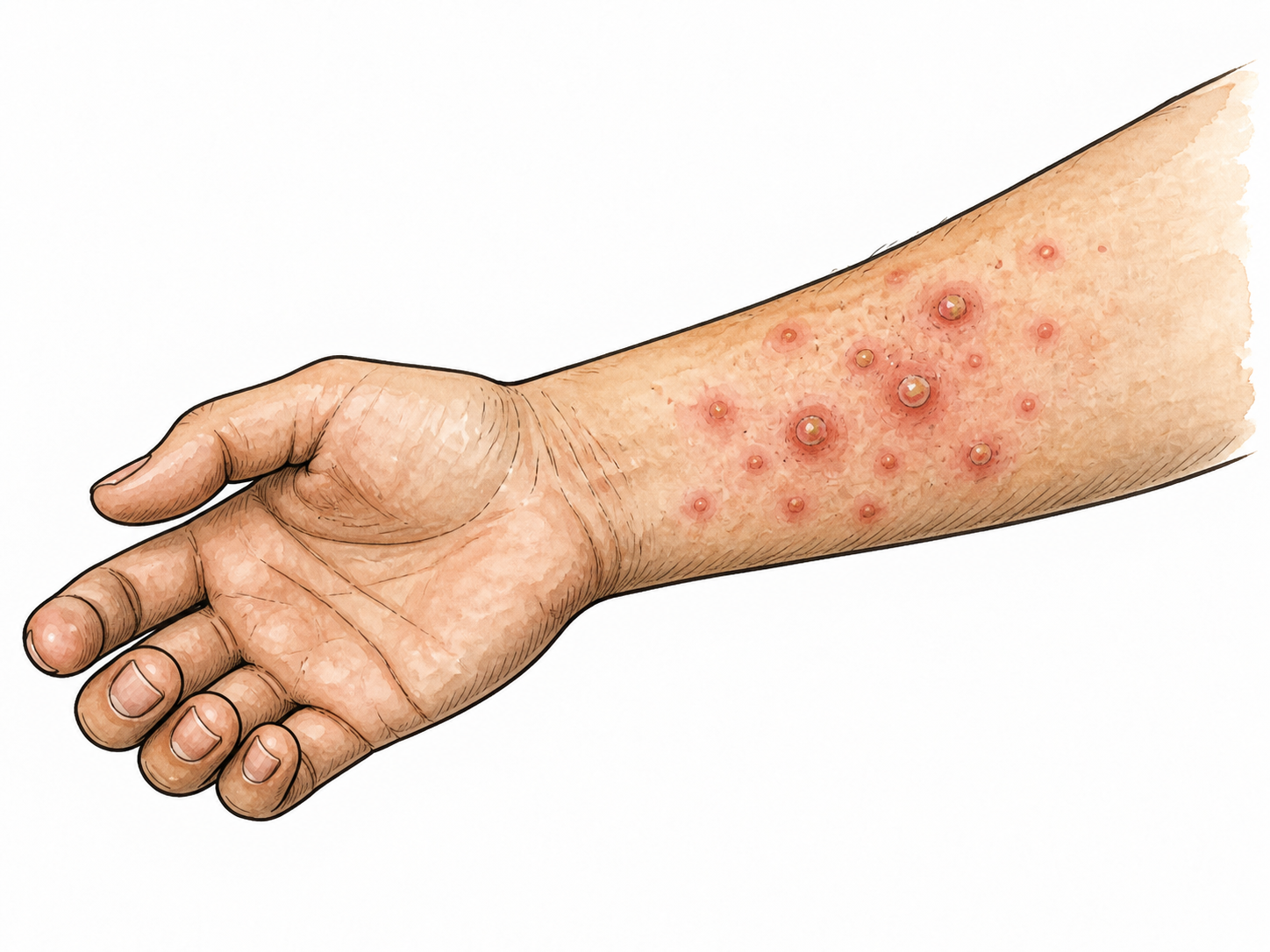 Non-graphic educational close-up of mild clustered pox-like skin spots on an arm, clinical not diagnostic claim.
