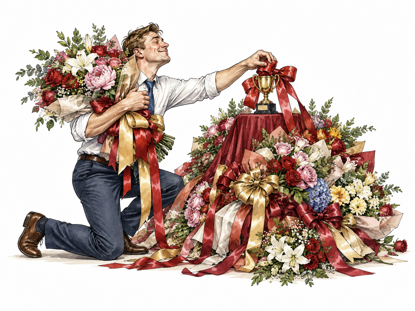 A person lavishing many oversized ribbons and bouquets on one modest trophy, excessive praise visually disproportionate, white adult.