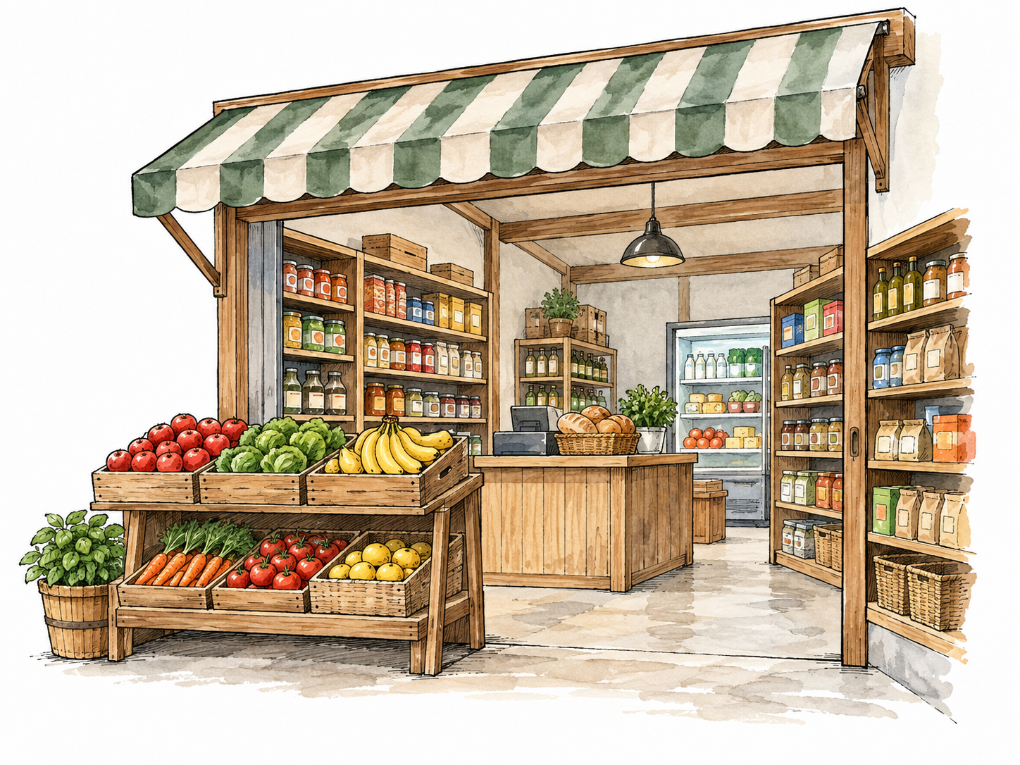 A modest neighborhood market store with neatly arranged shelves.
