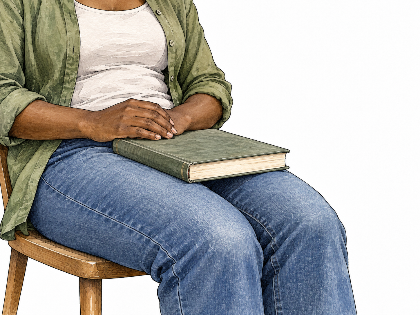 Book resting on seated Black woman's upper legs.