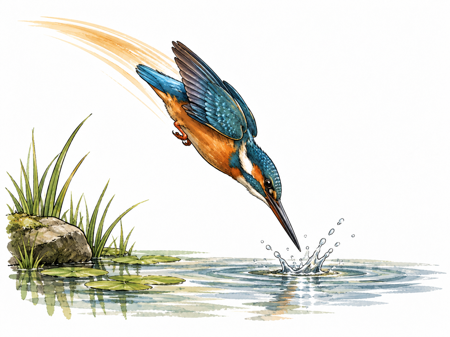 A kingfisher diving headfirst into a pond, clear sudden downward motion, natural anatomy.