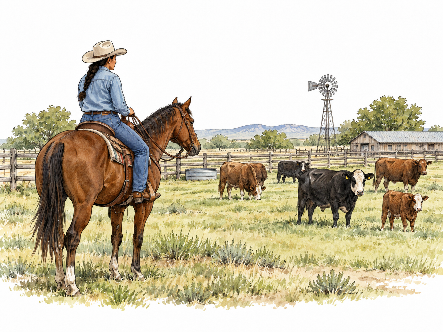 A Latina rancher on horseback watches cattle in a broad fenced pasture.