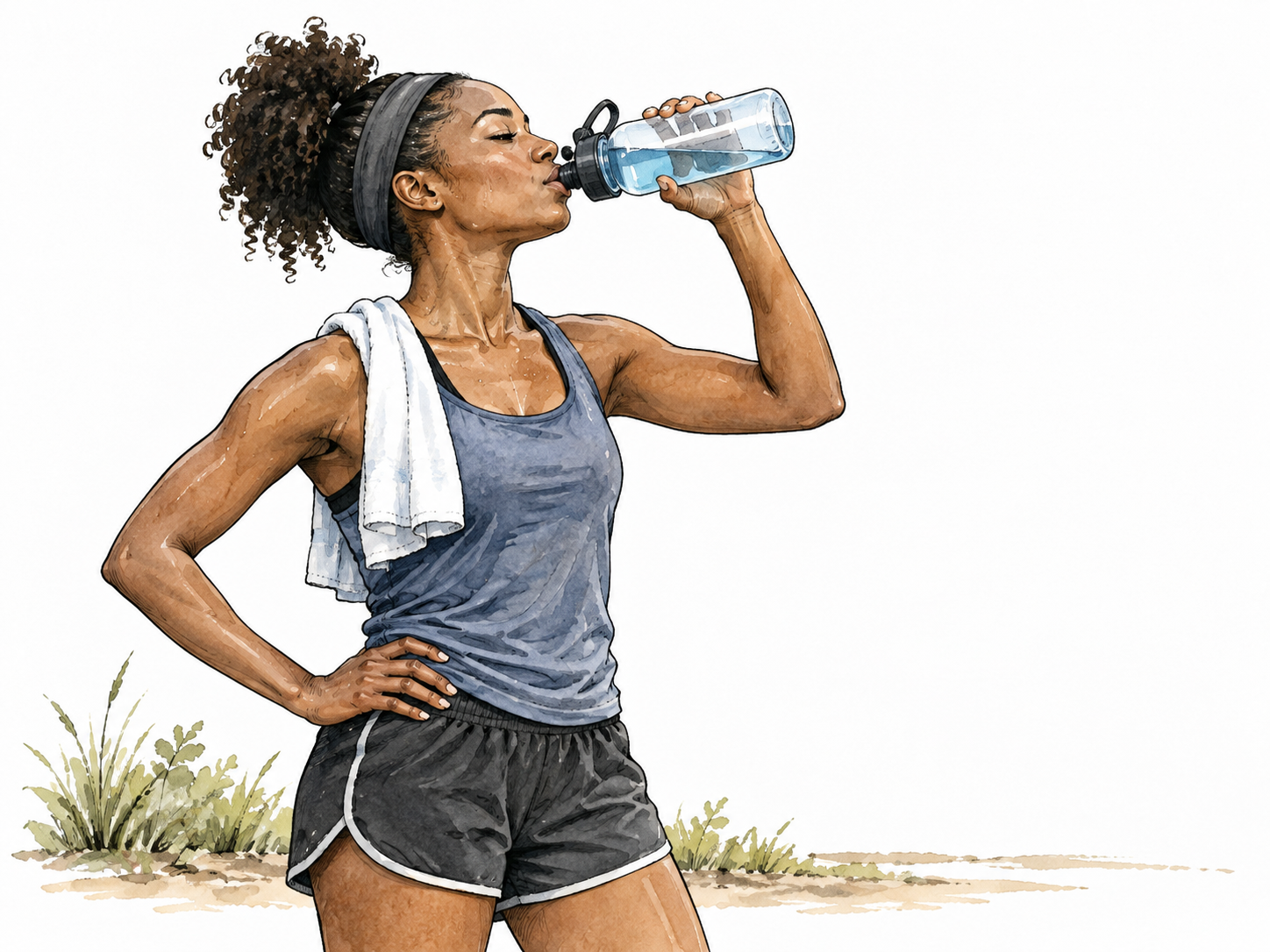 A Black woman runner drinks water after exercise.
