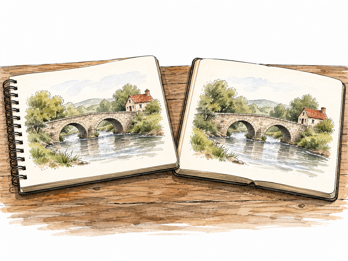 Two independent sketchbooks show matching observations of the same two-arched bridge and cottage.
