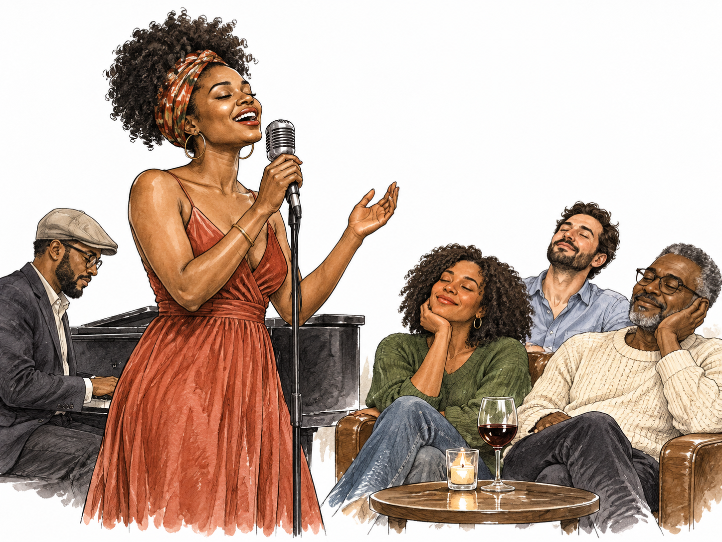 Black vocalist sings pleasingly while listeners relax.