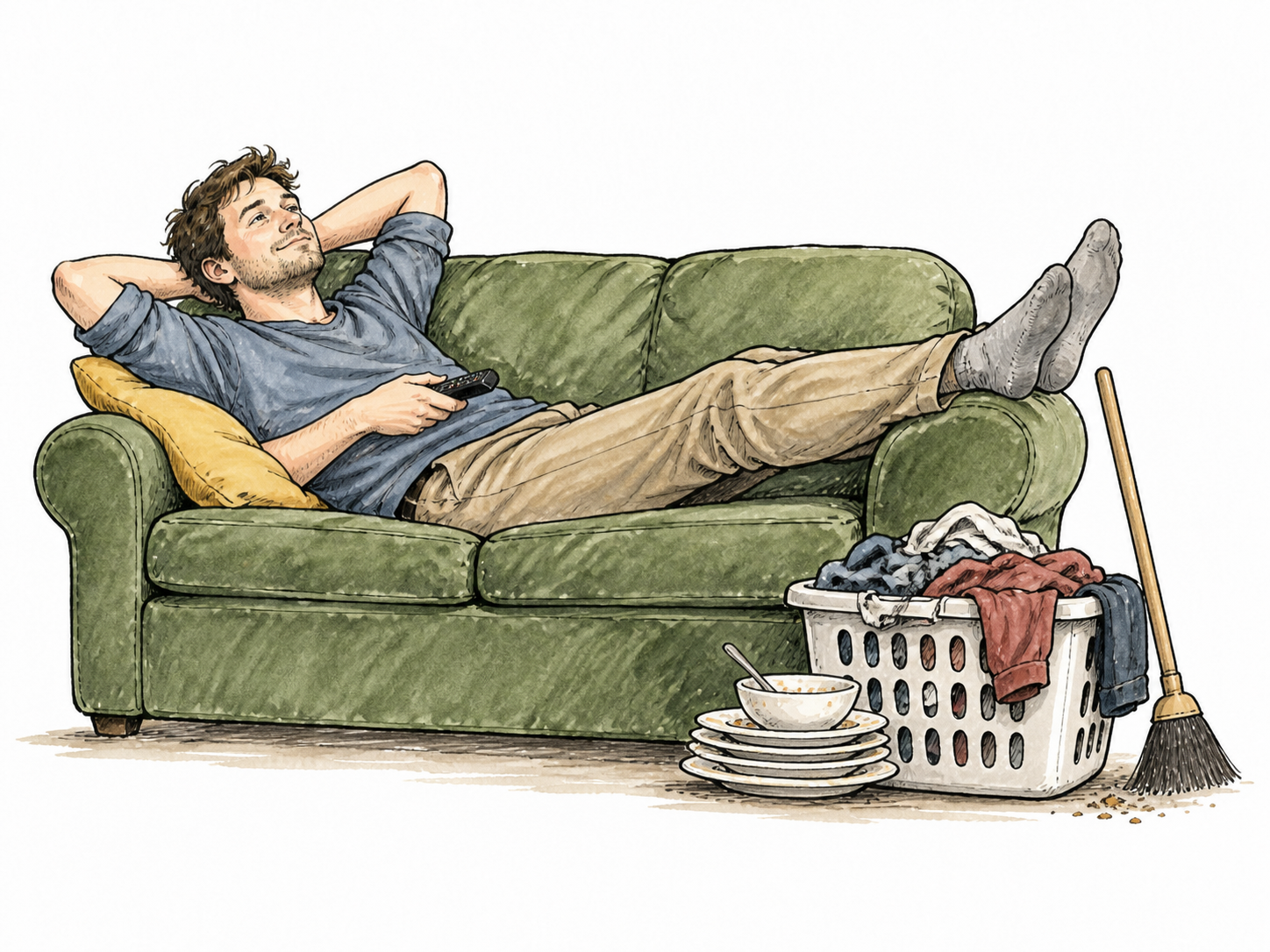 White adult lounges ignoring a modest stack of unfinished chores.