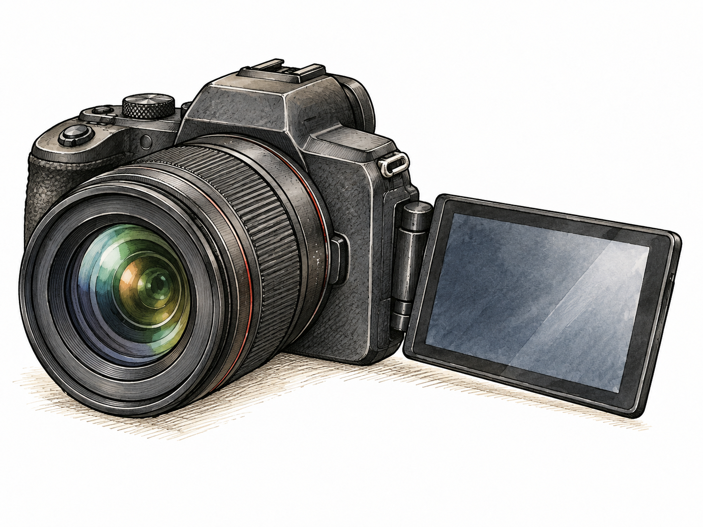 Close detail of a camera's distinctive foldout screen and lens.
