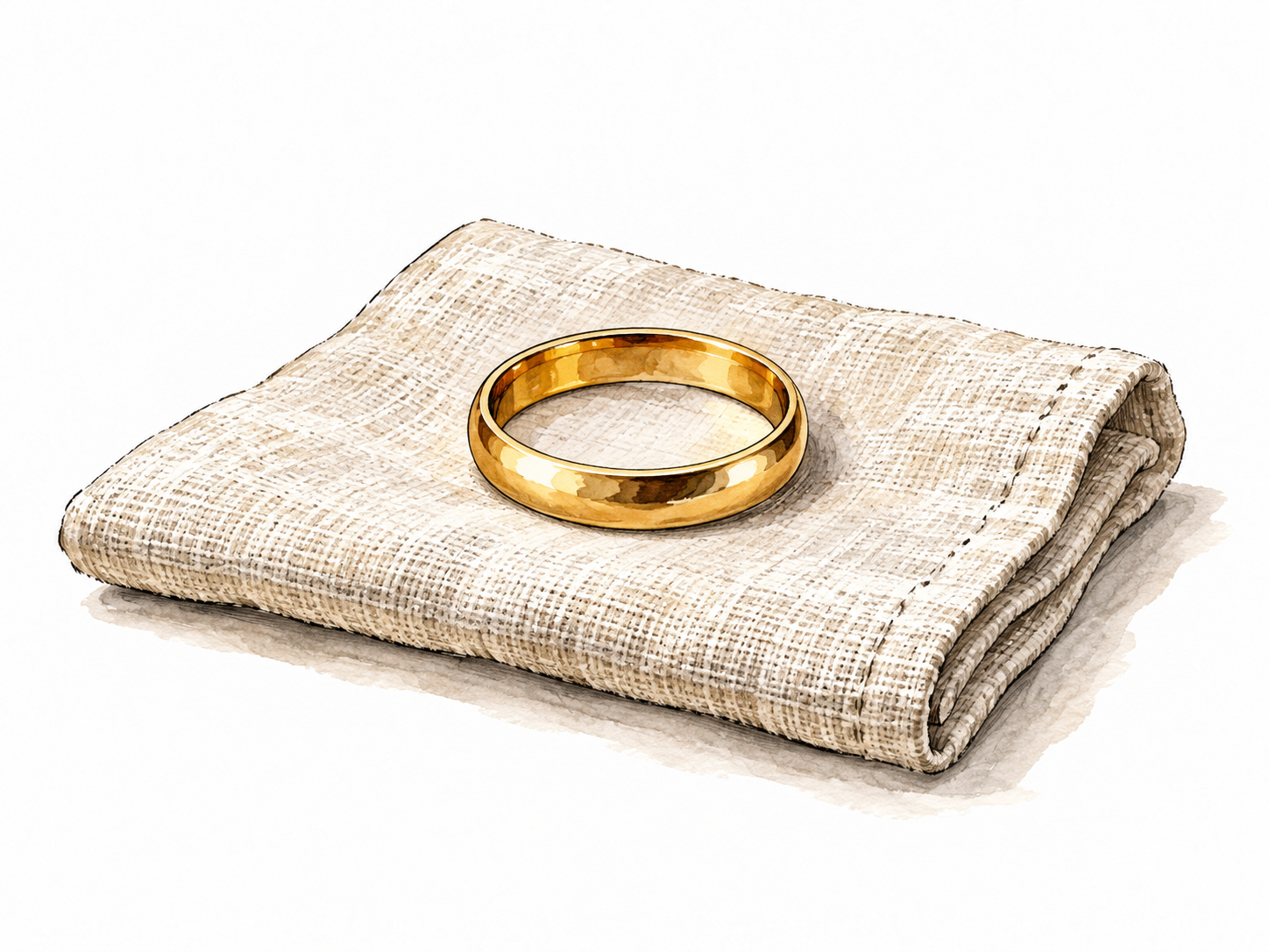 A simple gold ring resting on a folded piece of linen.