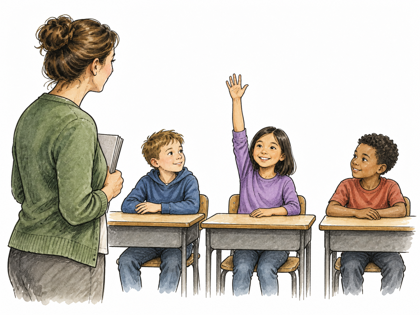 Teacher looks among three volunteers to identify who raised a hand.