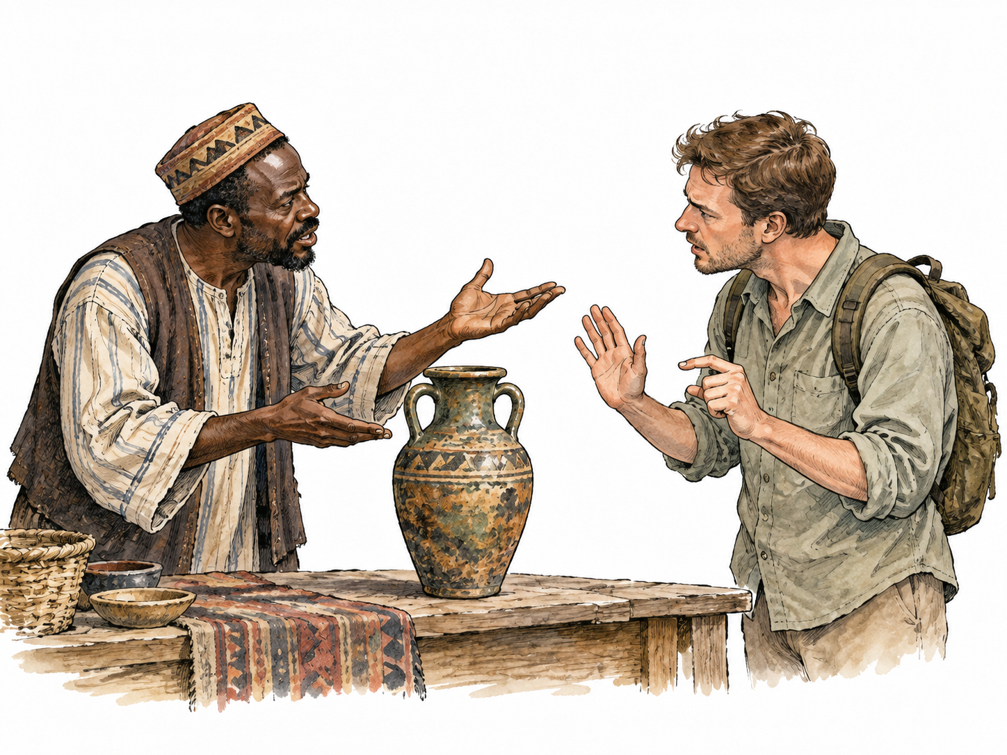 A Black market seller and white customer negotiate over an old vase with contrasting hand gestures.