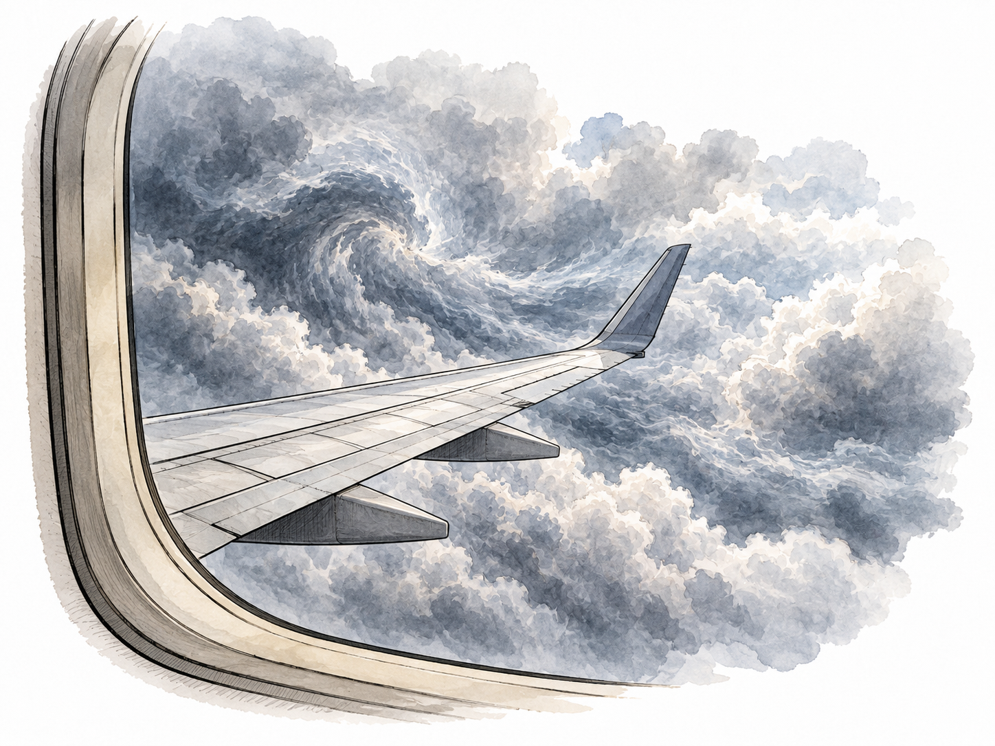 An aircraft wing viewed through a passenger window amid uneven swirling cloud layers.