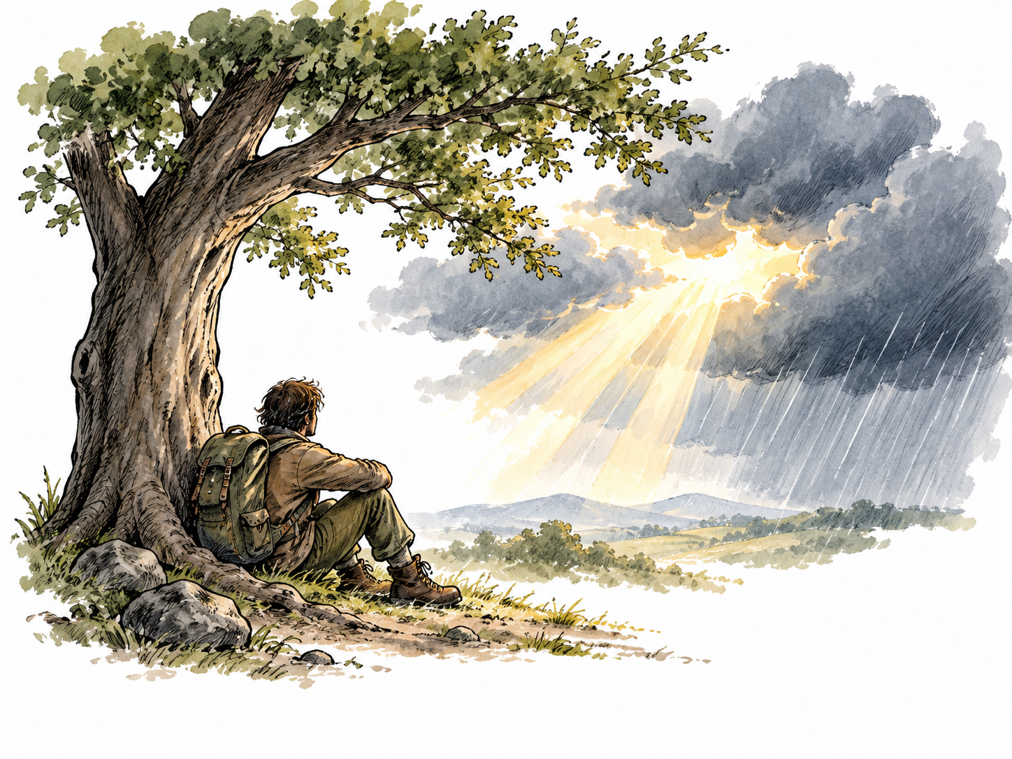A lone traveler finds shelter beneath a tree as warm light breaks through storm clouds; symbolic divine care.