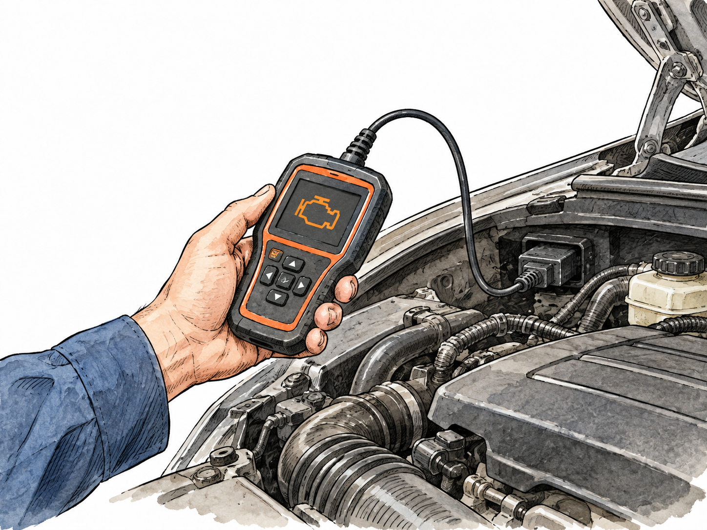 Diagnostic handheld scanner tests engine fault.