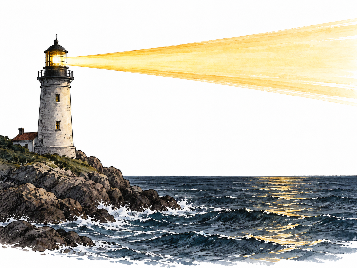 A powerful searchlight beams from a lighthouse over a dark sea.