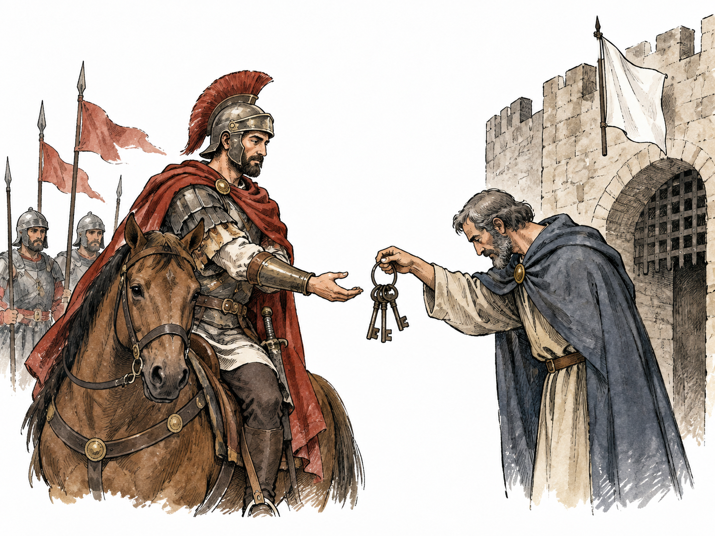 A commander accepts surrendered fortress keys after a struggle, no injury.