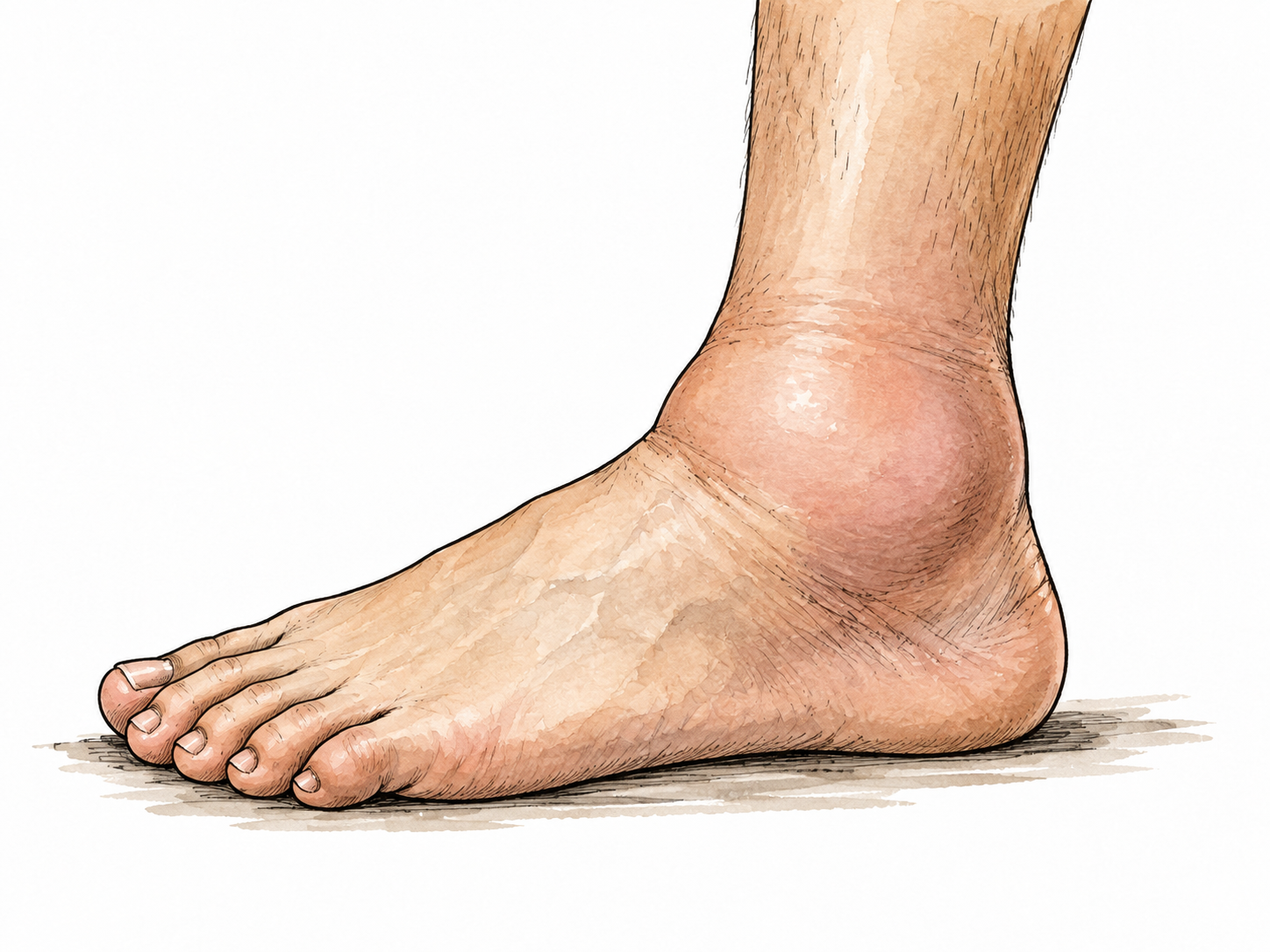Close educational view of a swollen ankle with mild puffiness, non-graphic medical swelling.