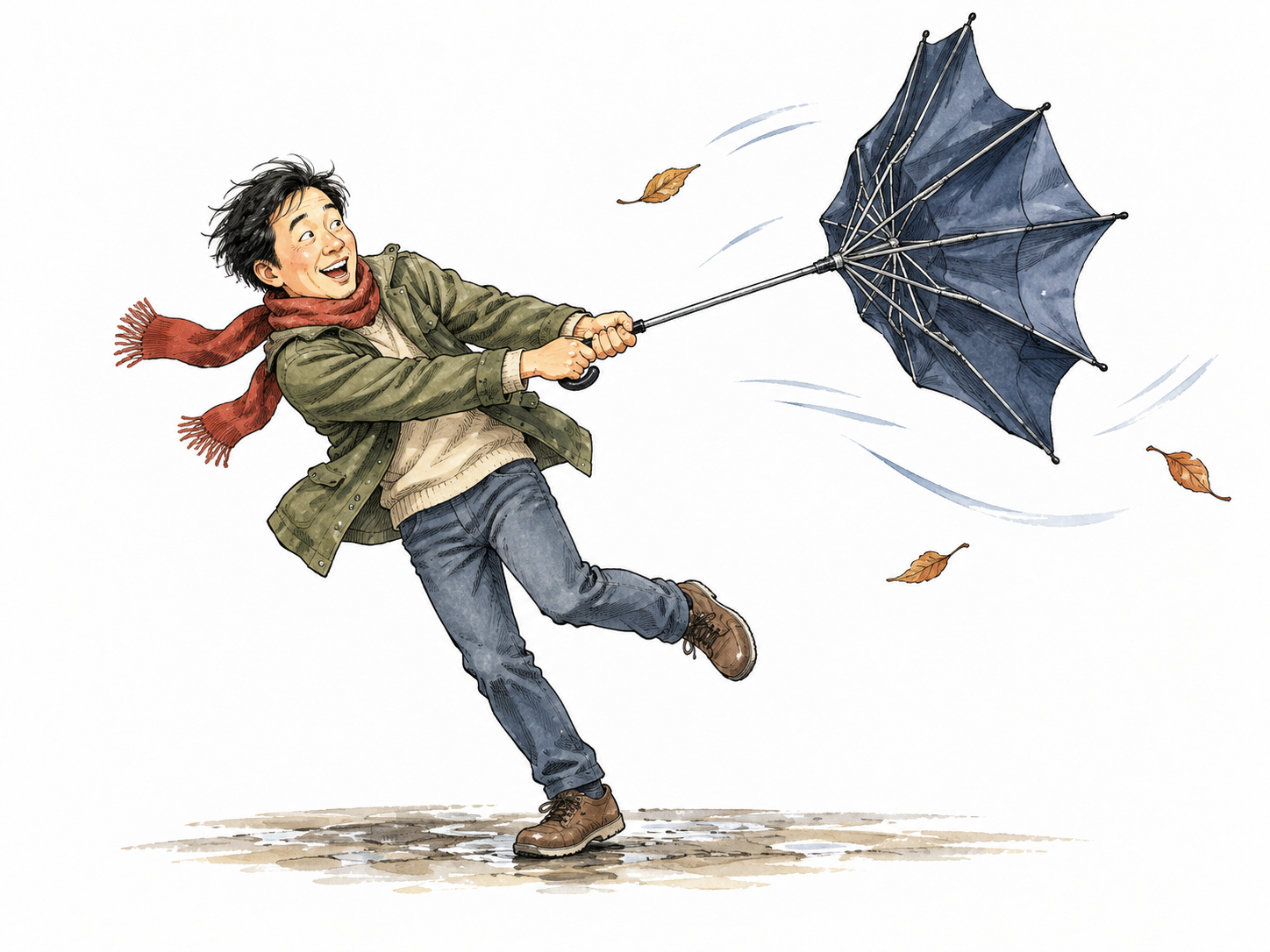 A playful physical-comedy moment as an East Asian adult's umbrella turns inside out, harmless and amusing.