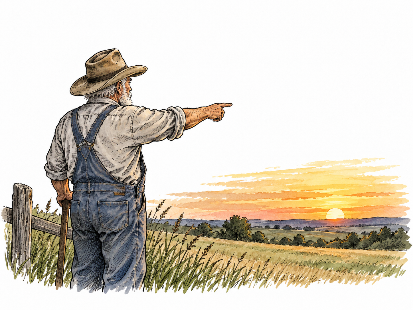 An elderly white farmer pointing toward an approaching sunset just above the horizon, time drawing near.