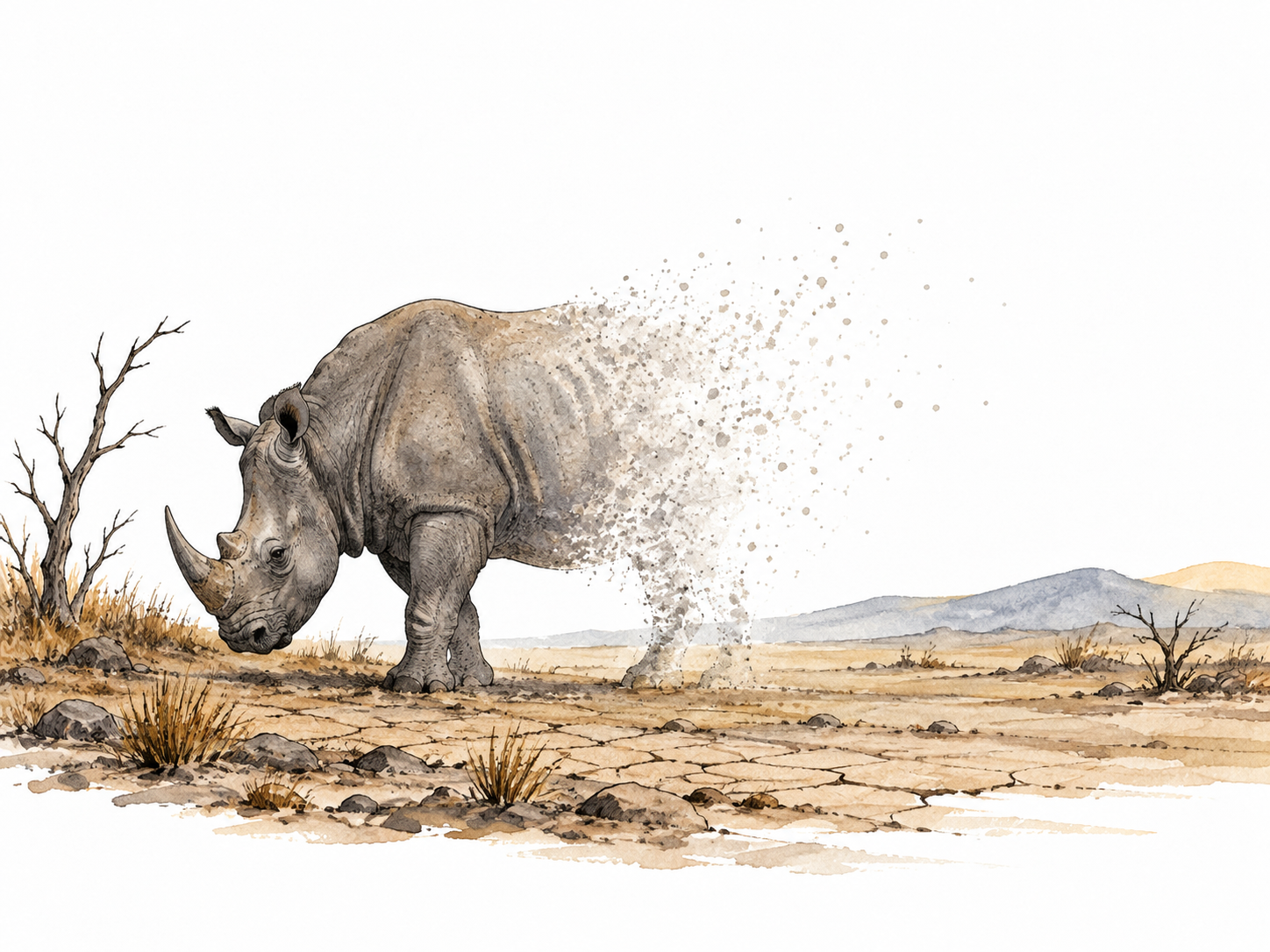 Last animal silhouette fades beside empty habitat, extinction symbolism.