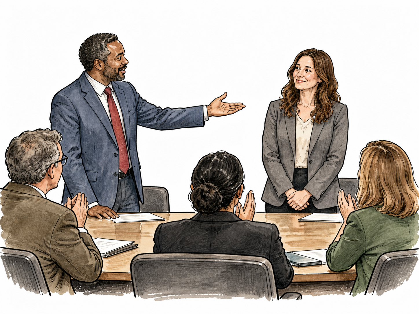 A committee member gestures toward a colleague proposing her for a role.