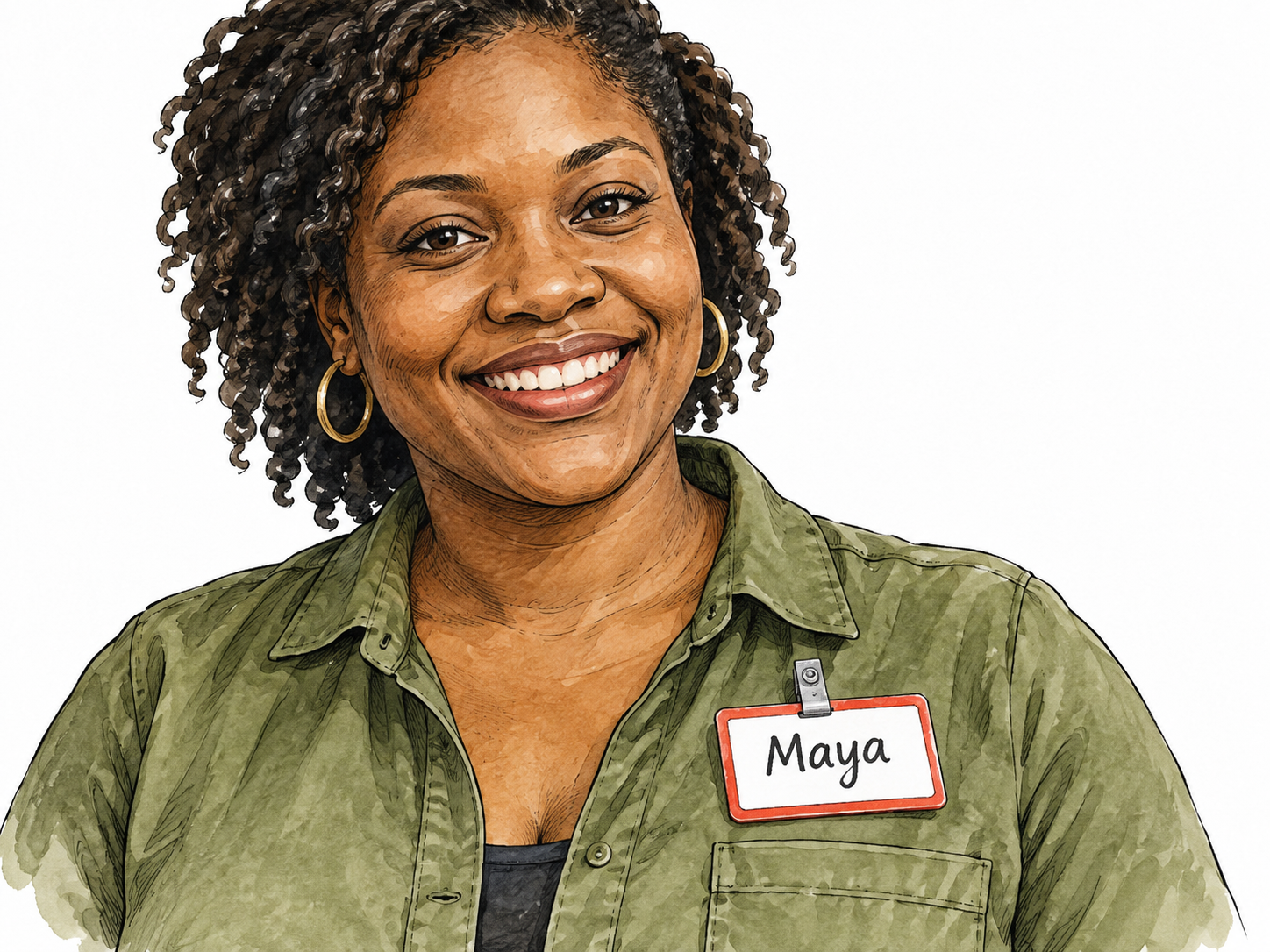 A simple name badge reading exactly 'Maya' worn by a Black adult, close view including friendly face.