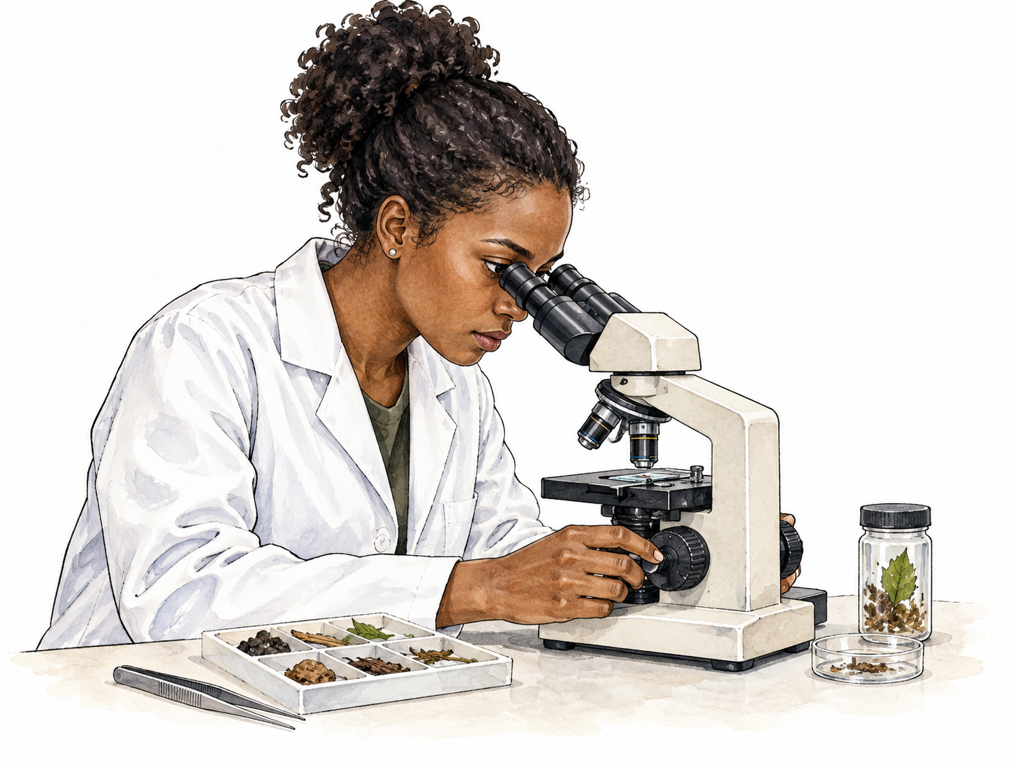 A Black woman scientist concentrates at a microscope with a small tray of samples.