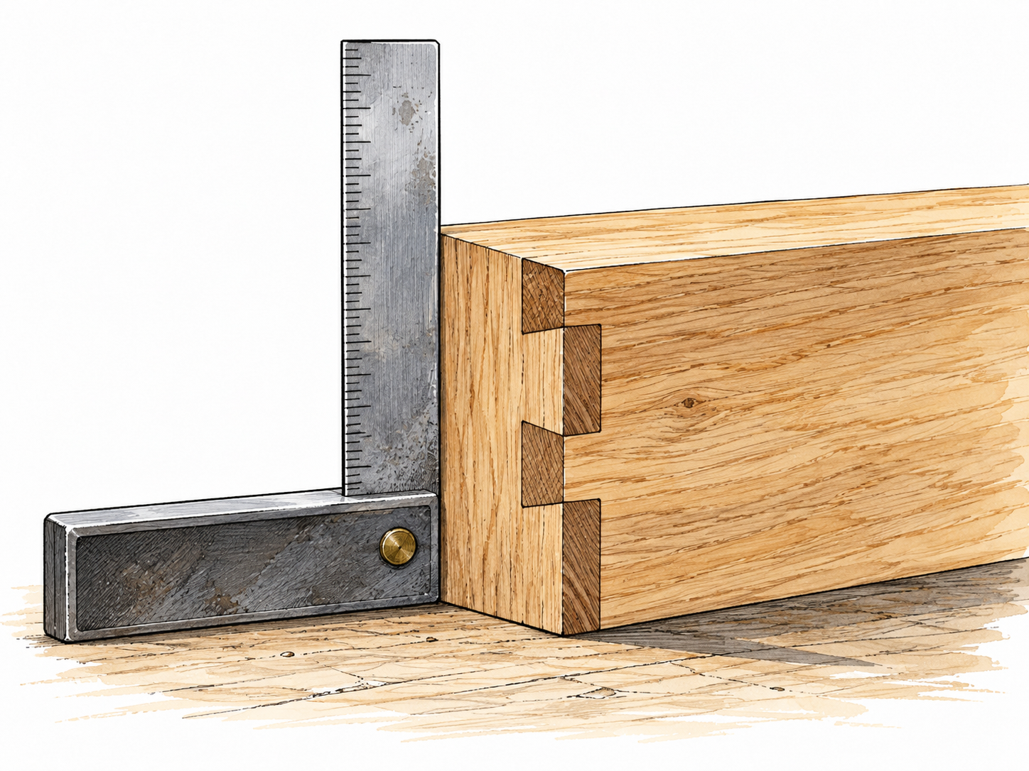 A correctly fitted wooden joint lies flush against a carpenter's square.