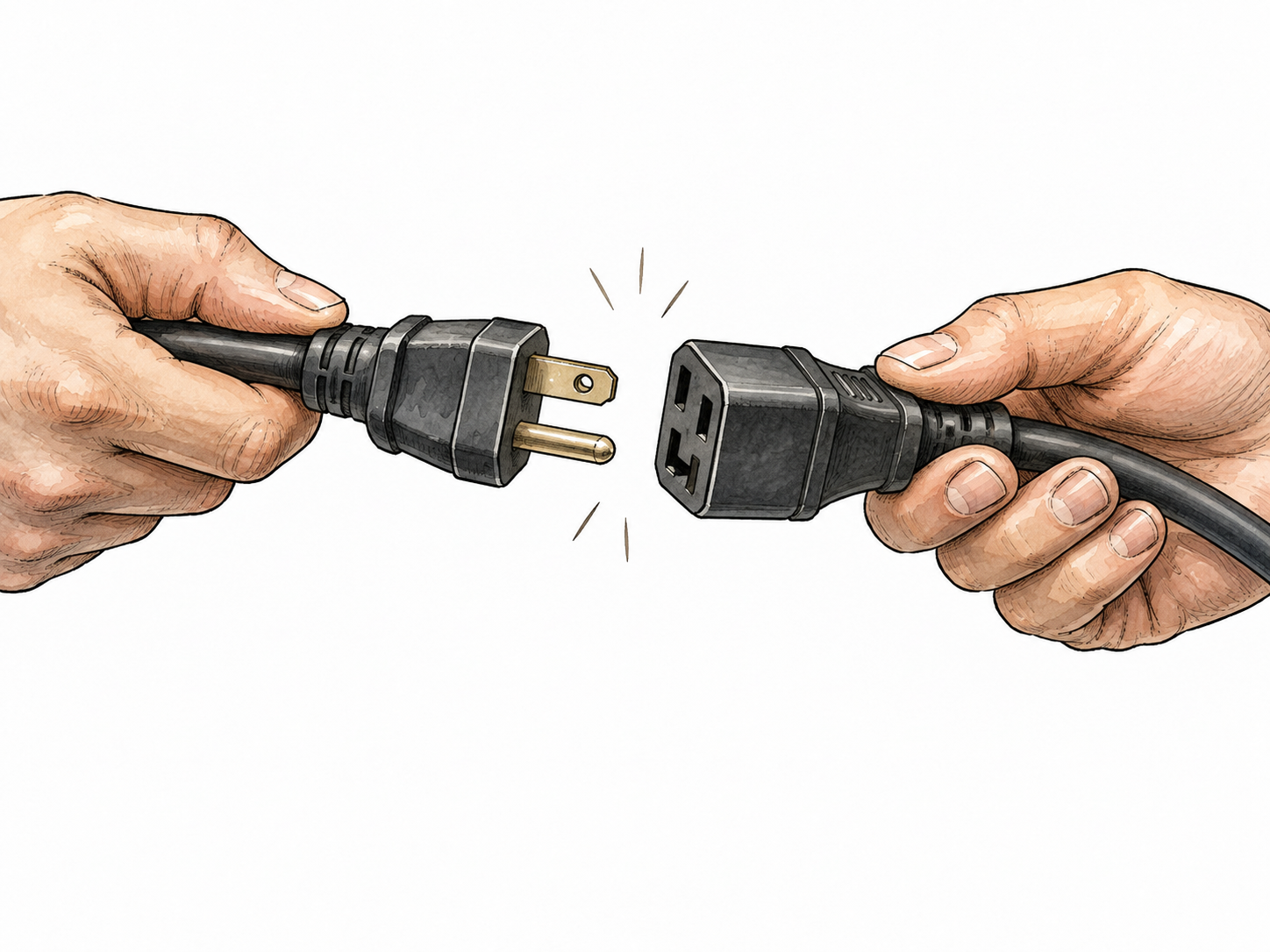 Hands join two electrical cable connectors, unplugged and safe.