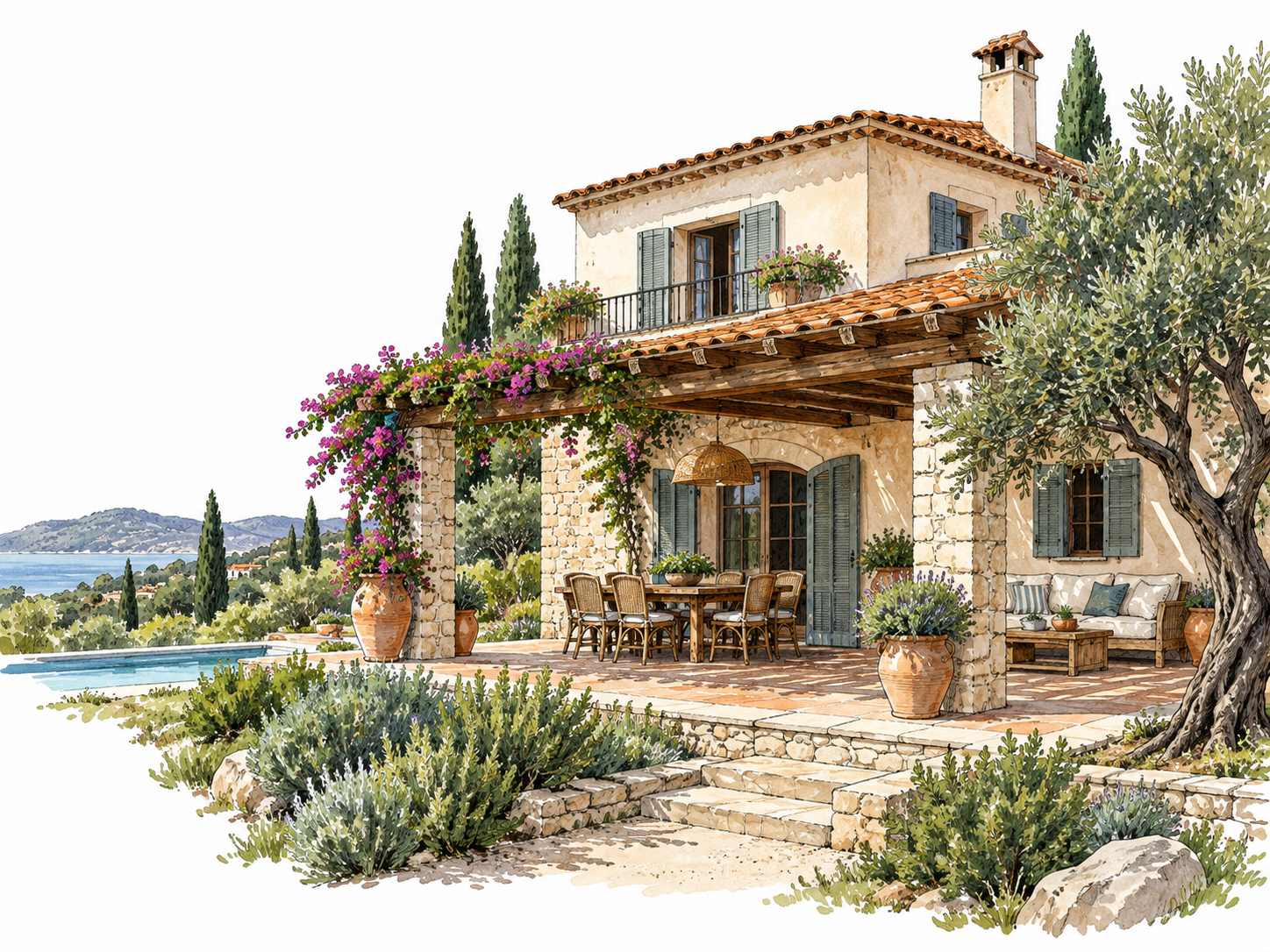 Comfortable Mediterranean villa with shaded terrace.