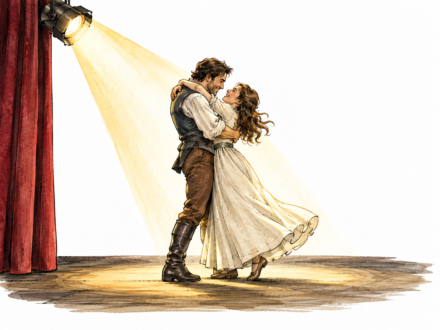 A theater spotlight captures the decisive moment two main characters finally reunite.