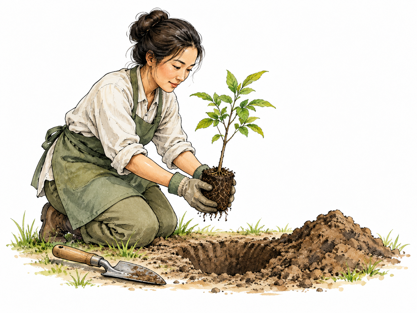 An East Asian gardener holds a sapling beside the hole she plans to plant it in.