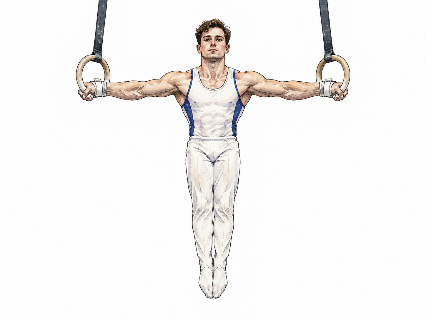 White gymnast holds perfectly controlled rings position.