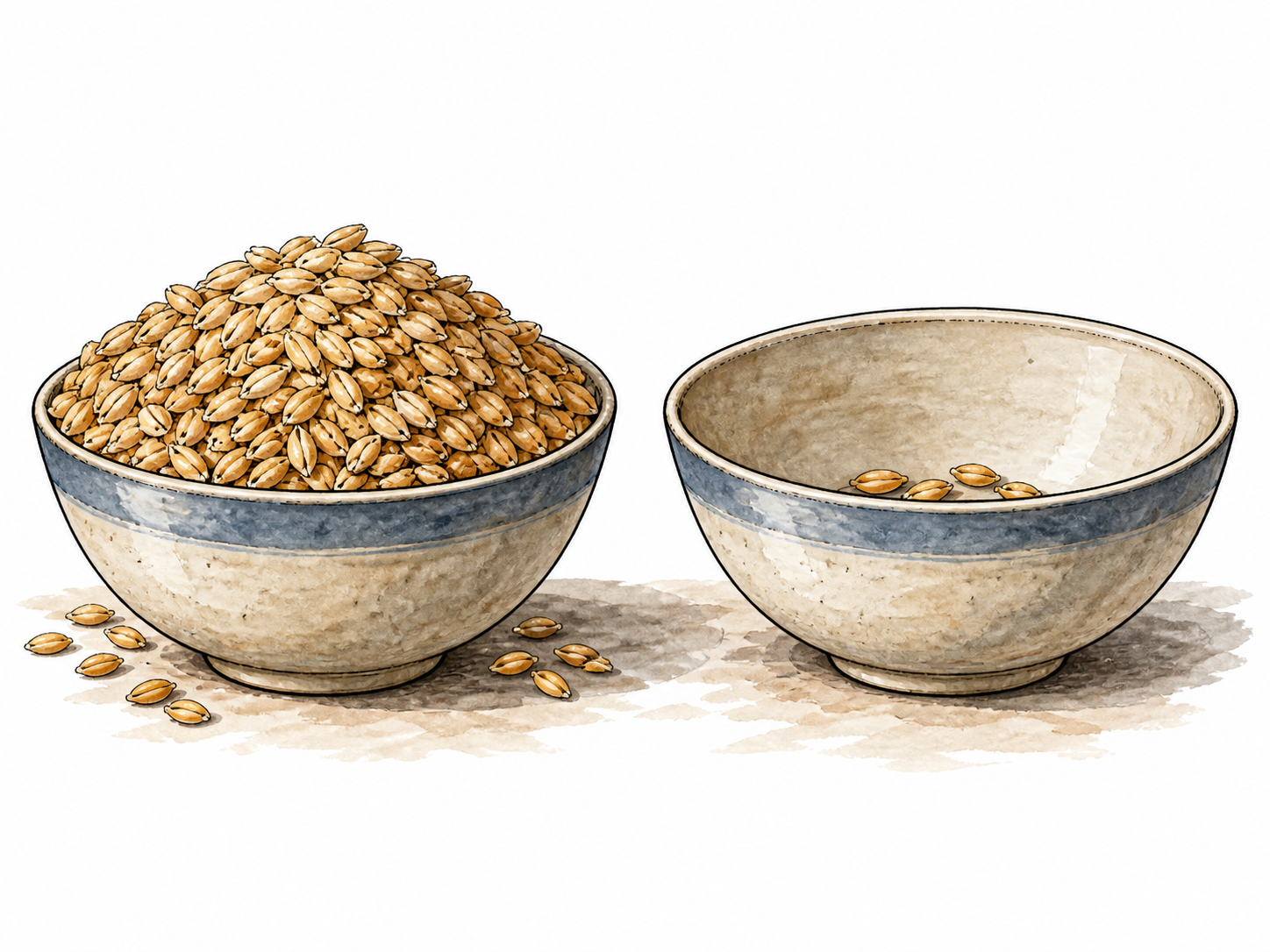 Two equal-sized open bowls with dramatically unequal quantities of grain, one brimming and one nearly empty.