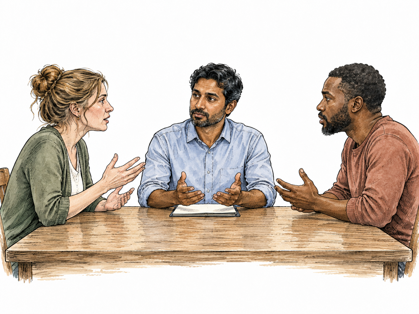 A South Asian male mediator listening equally to a white woman and Black man seated on opposite sides of a table.