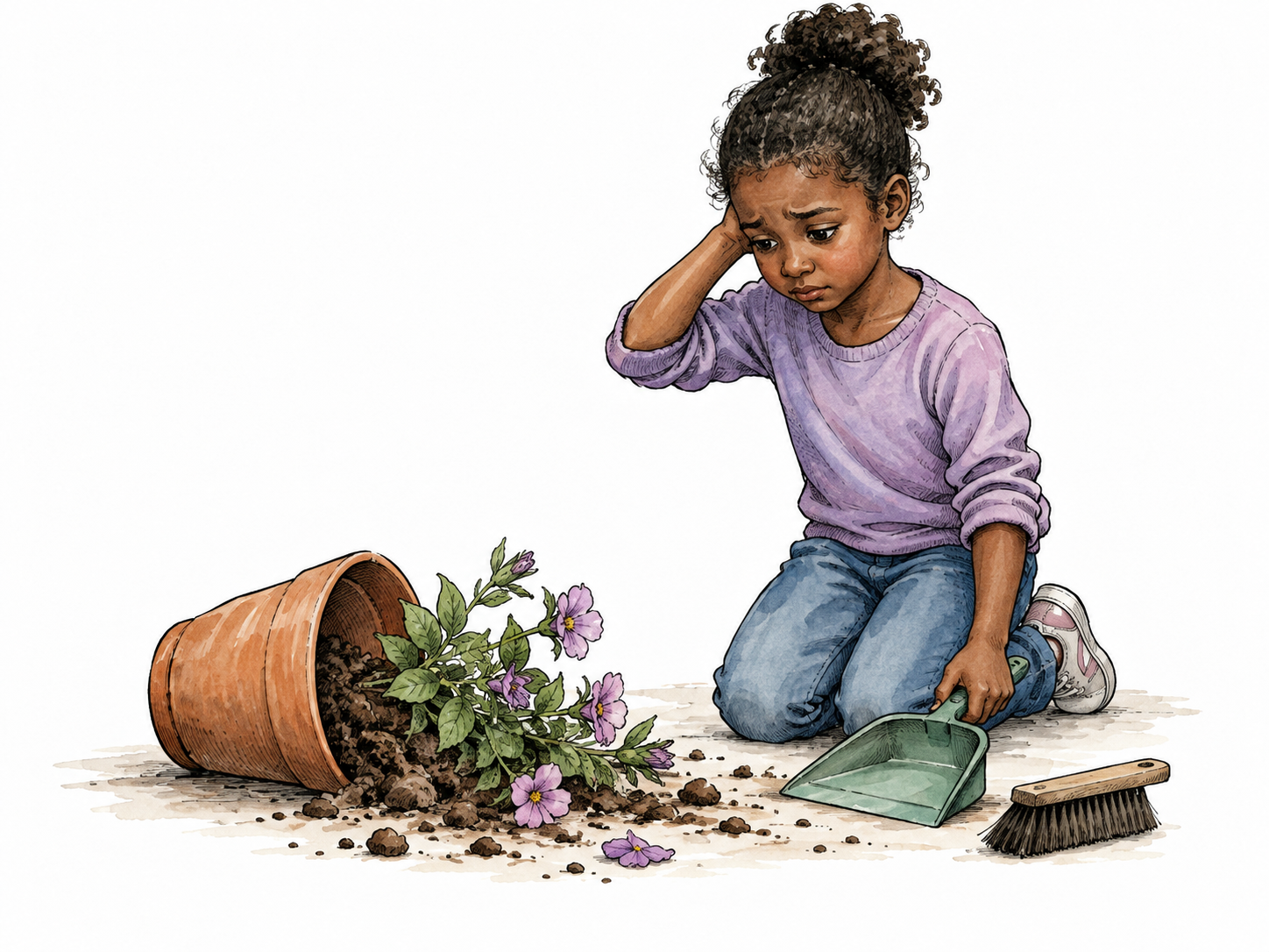 A Black child looking remorsefully at a knocked-over flowerpot while preparing to clean it up.
