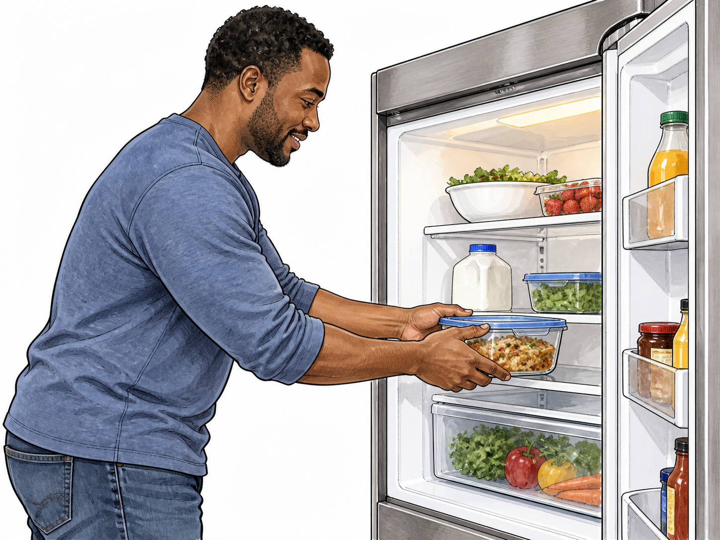 Black father puts covered leftovers into refrigerator.