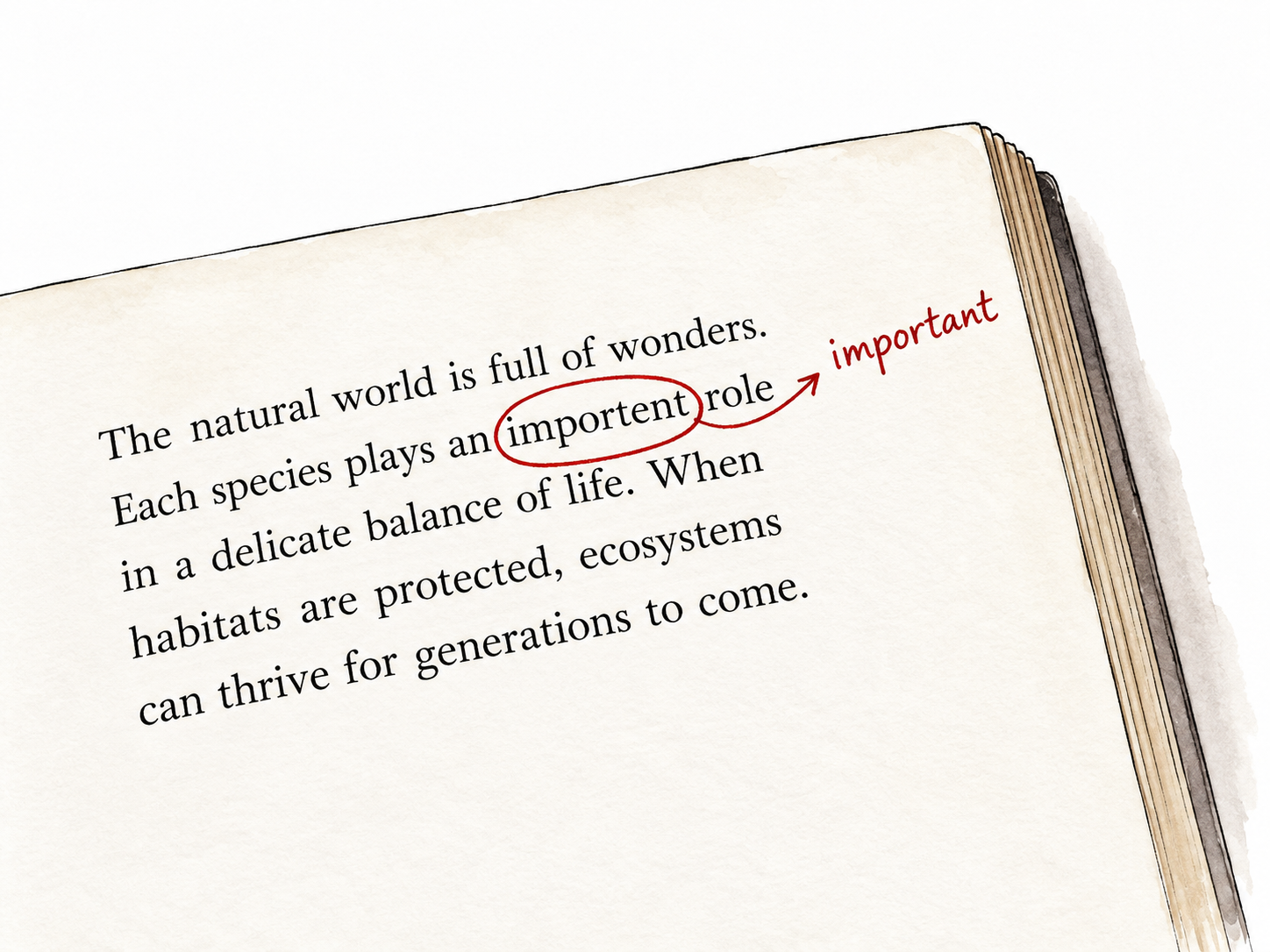 Printed page with one typo circled and correction in margin.
