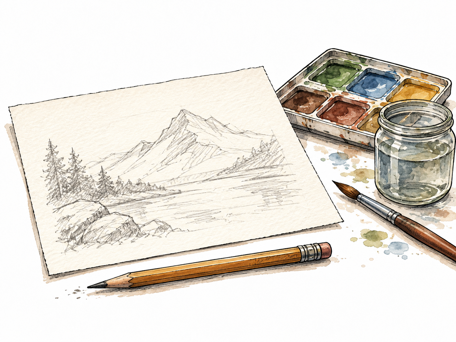 A rough pencil sketch lies beside tools before the final painting begins.