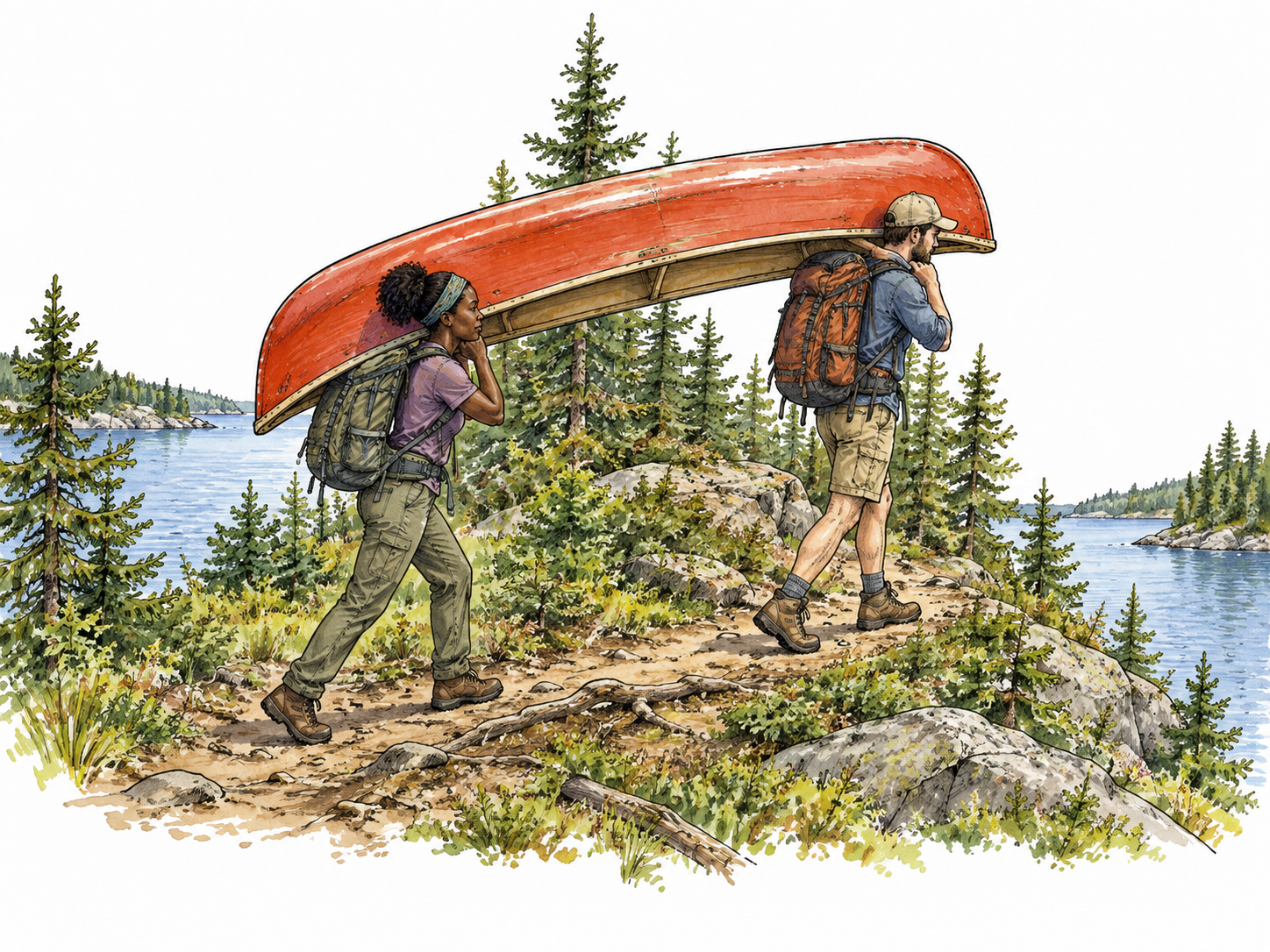Two hikers, one Black woman and one white man, carrying an inverted canoe along a forest path between two visible lakes.