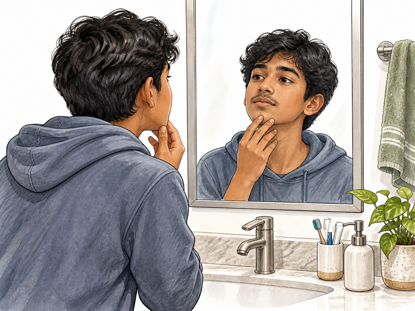 A fully clothed adolescent South Asian boy noticing new facial hair in a bathroom mirror, gentle neutral coming-of-age scene, no sexualization.