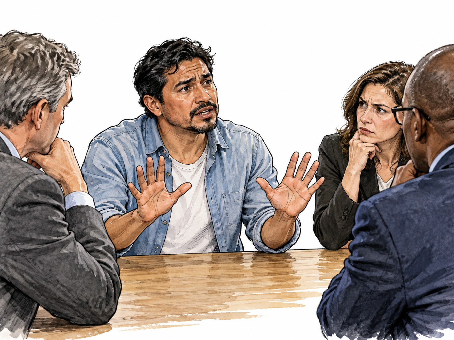 Latino man firmly insists innocence with open hands before skeptical listeners.