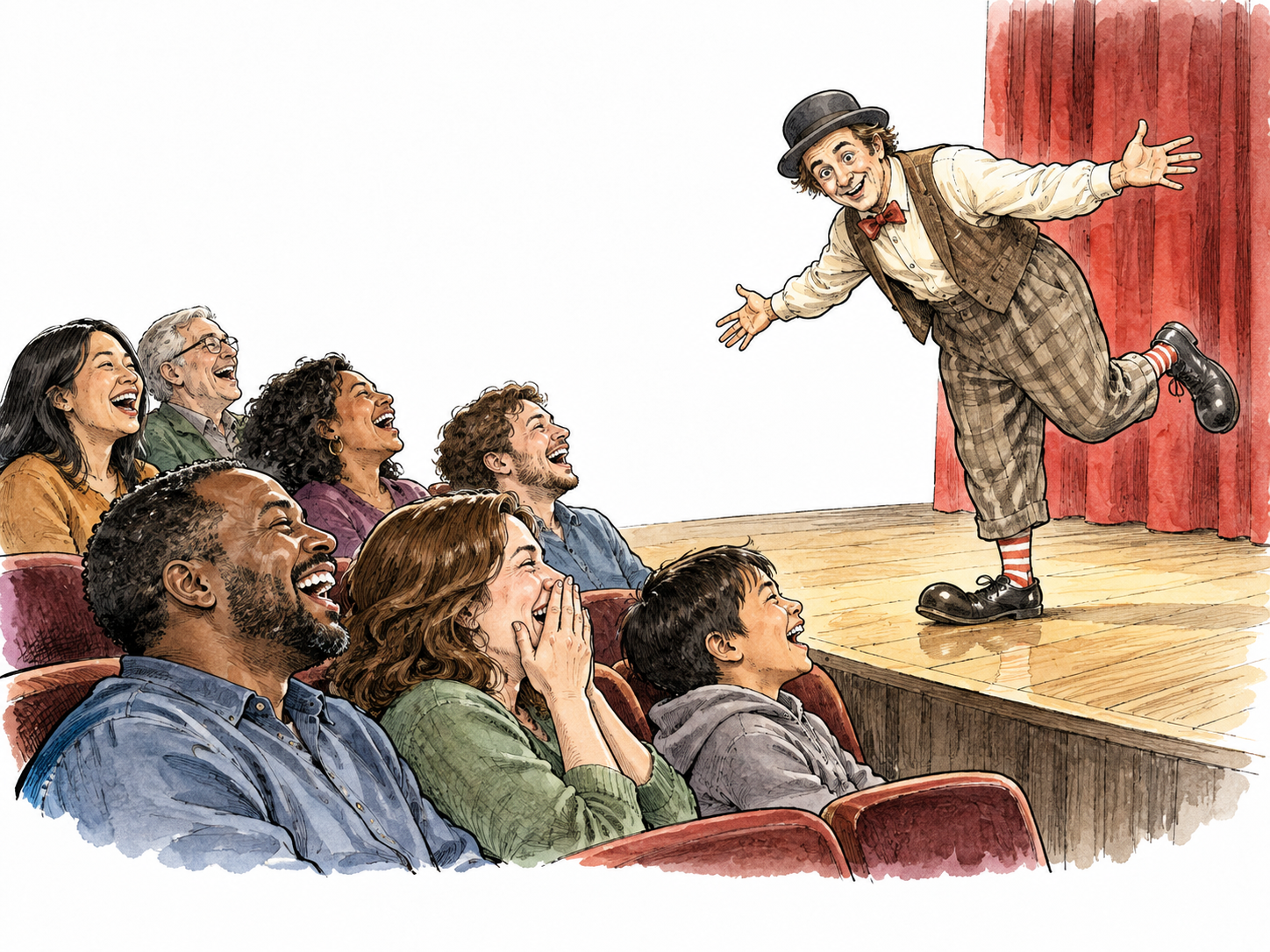 A diverse audience laughs at a lighthearted theater scene.